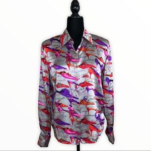 80’s Vintage Silk Heel Print Button Down Blouse